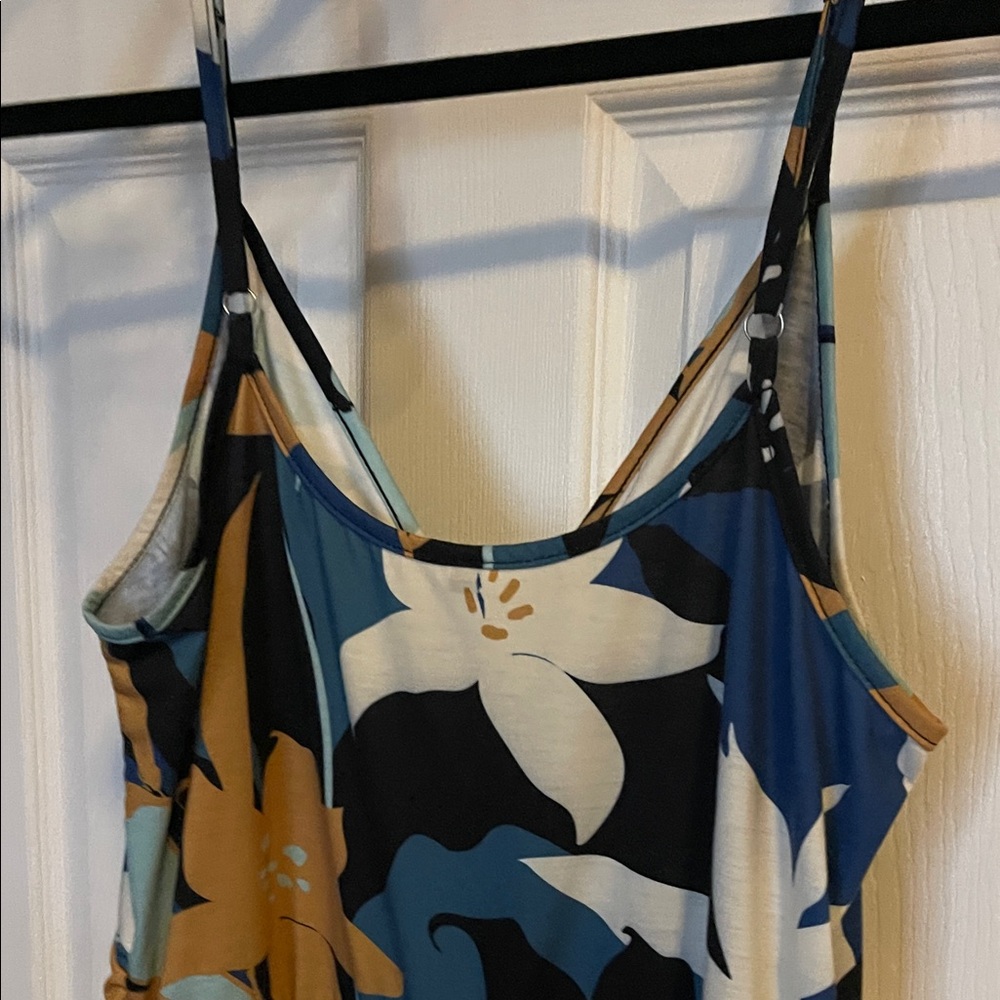Blue and Tan Tropical Floral Faux Wrap Sundress — Size Large - Picture 5 of 7